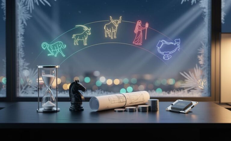 Illustration of five zodiac signs—Capricorn, Taurus, Virgo, Scorpio, and Aquarius—aligning long-term plans on 2 January 2026