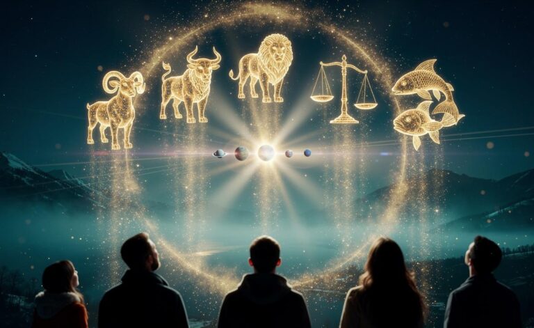 Illustration of the five zodiac signs—Aries, Taurus, Leo, Libra, and Pisces—attracting extraordinary luck and joy on 7 January 2026