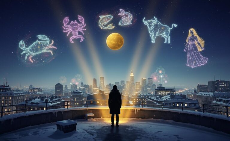 Illustration of five zodiac signs—Cancer, Scorpio, Pisces, Taurus, and Virgo—favoured for luck and abundance on 1 January 2026 under Jupiter in Cancer