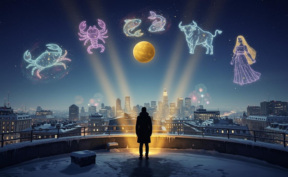 Illustration of five zodiac signs—Cancer, Scorpio, Pisces, Taurus, and Virgo—favoured for luck and abundance on 1 January 2026 under Jupiter in Cancer