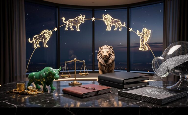 Illustration of the five zodiac signs—Capricorn, Taurus, Leo, Libra, and Aquarius—attracting wealth and good luck on 7 January 2026