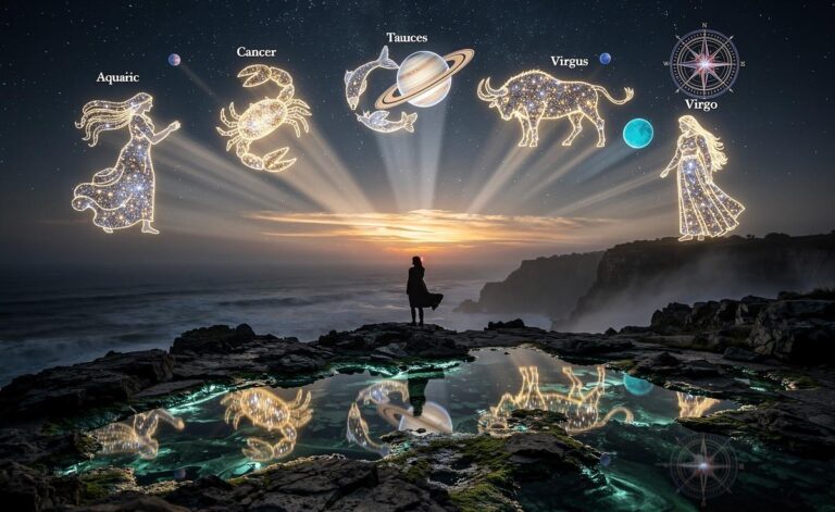 Illustration of five zodiac signs—Aquarius, Cancer, Pisces, Taurus, and Virgo—embarking on new chapters on 6 January 2026, under Pluto in Aquarius, Jupiter in Cancer, Saturn in Pisces, Uranus in Taurus, and the North Node in Virgo