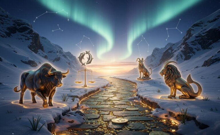 Illustration of five zodiac signs—Taurus, Leo, Libra, Capricorn, and Pisces—beginning a prosperous journey on 9 January 2026