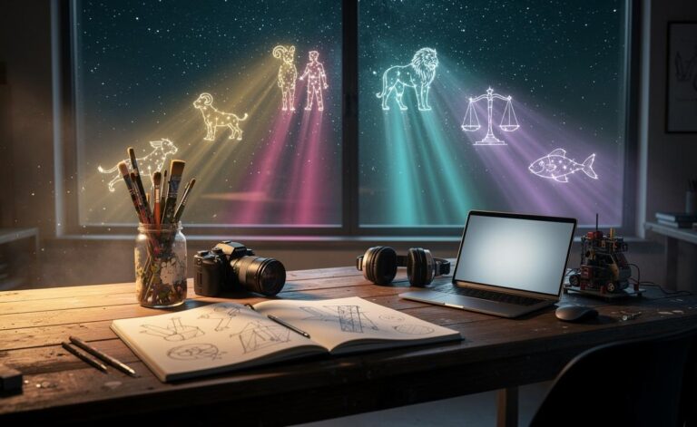 Illustration of the five zodiac signs—Aries, Gemini, Leo, Libra, and Pisces—experiencing a surge of creativity on 6 January 2026