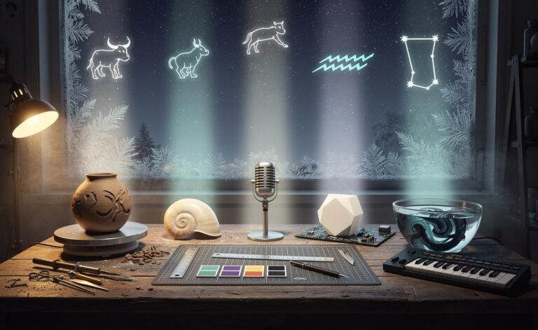 Illustration of five zodiac signs—Taurus, Cancer, Virgo, Aquarius, and Pisces—experiencing a surge of creativity on 10 January 2026