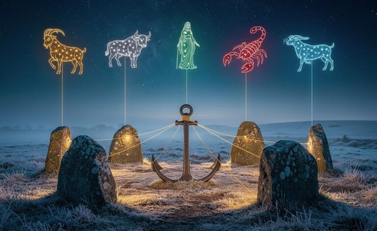 Illustration of five zodiac signs—Capricorn, Taurus, Virgo, Scorpio, and Aquarius—feeling anchored on 2 January 2026