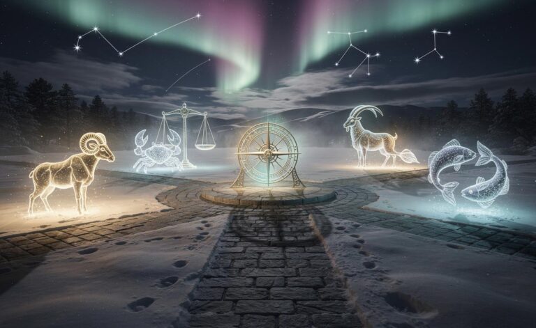 Illustration of Aries, Cancer, Libra, Capricorn, and Pisces navigating a critical turning point on 8 January 2026