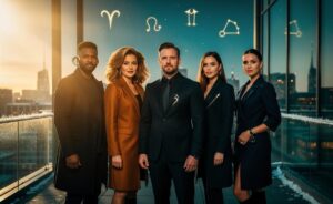 Illustration of five zodiac signs—Aries, Leo, Capricorn, Sagittarius, and Libra—shining with confidence on 7 January 2026