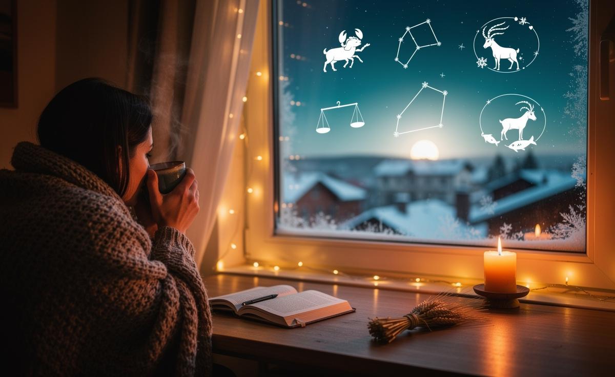 Illustration of the five zodiac signs—Cancer, Virgo, Libra, Capricorn, and Pisces—with a comforting New Year horoscope theme dated January 4, 2026