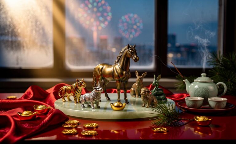 Illustration of six Chinese zodiac signs—Horse, Tiger, Dog, Goat (Sheep), Rabbit, and Snake—attracting luck and good fortune on 1 January 2026