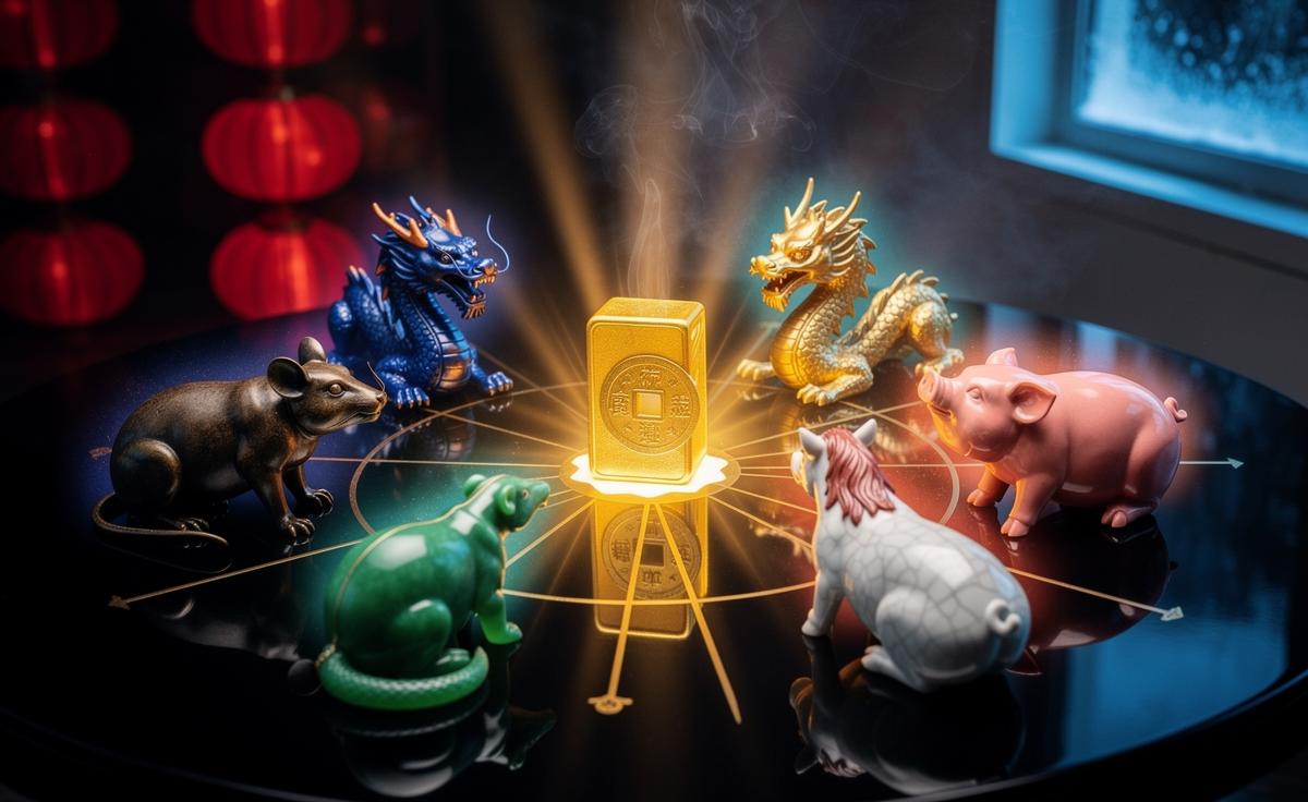 Illustration of six Chinese zodiac signs—Rat, Tiger, Dragon, Snake, Horse, and Pig—attracting prosperity and joy on 10 January 2026