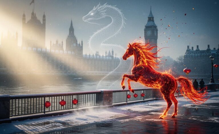 Illustration of Chinese Zodiac energy shifts on January 1, 2026, previewing the Fire Horse year during the transition from the Wood Snake