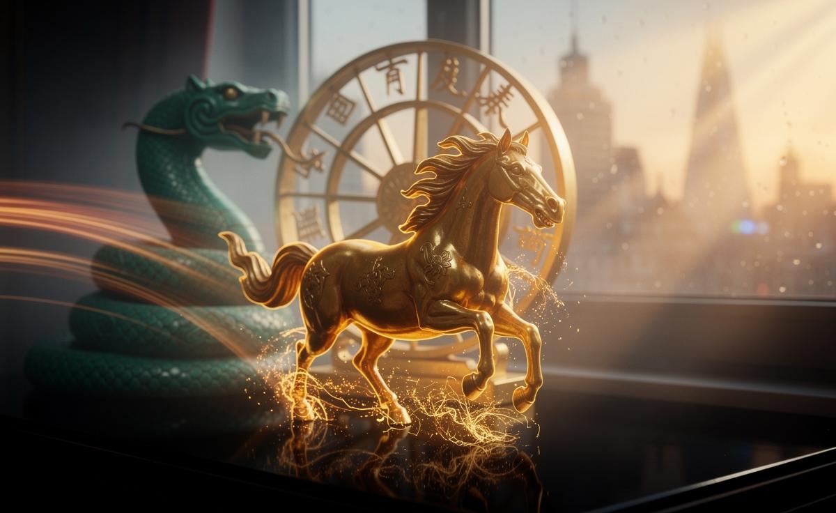 Illustration of the Chinese zodiac on 3 January 2026, highlighting accelerated progress as the Wood Snake wanes and the Fire Horse rises