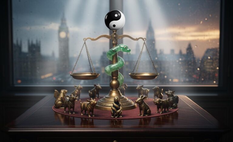 Illustration of the Chinese zodiac signs arranged in balanced harmony around a calendar marked 4 January 2026