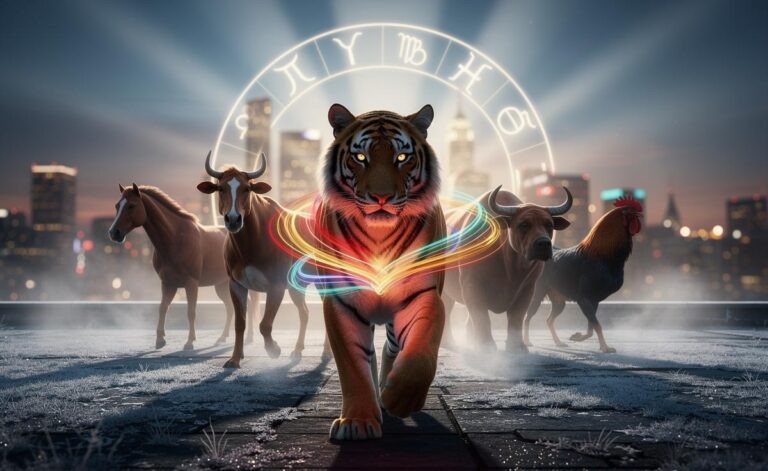 Illustration of the Chinese Zodiac signs Tiger, Horse, Dog, Ox, and Rooster benefiting from assertive energy on 3 January 2026