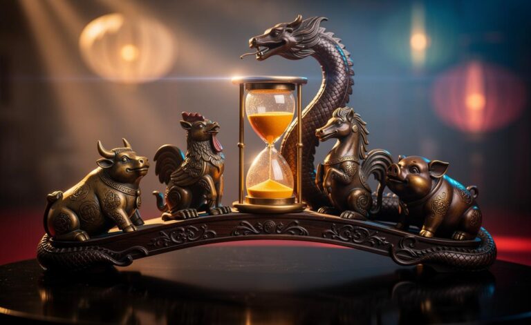 Illustration of the Ox, Rooster, Monkey, Horse, and Pig Chinese zodiac signs practising patience on January 2, 2026, under the Year of the Wood Snake