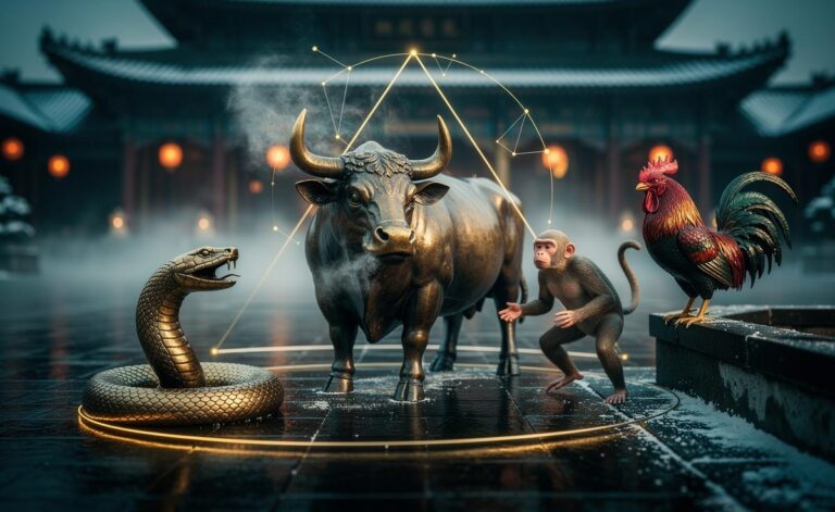 Illustration of Chinese zodiac signs—Ox, Rooster, Snake, and Monkey—experiencing supportive energy on 4 January 2026 during the Ox month in the Snake year