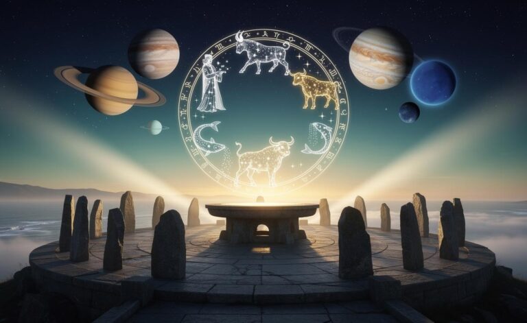 Illustration of a zodiac chart for 1 January 2026 highlighting Saturn in Aries, Jupiter in Cancer, Pluto in Aquarius, and Neptune in late Pisces affecting Aries, Cancer, Taurus, Aquarius, and Pisces