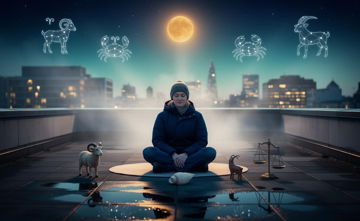 Illustration of January 4, 2026 in Capricorn season encouraging Aries, Cancer, Libra, and Capricorn to stay centred with practical micro-habits