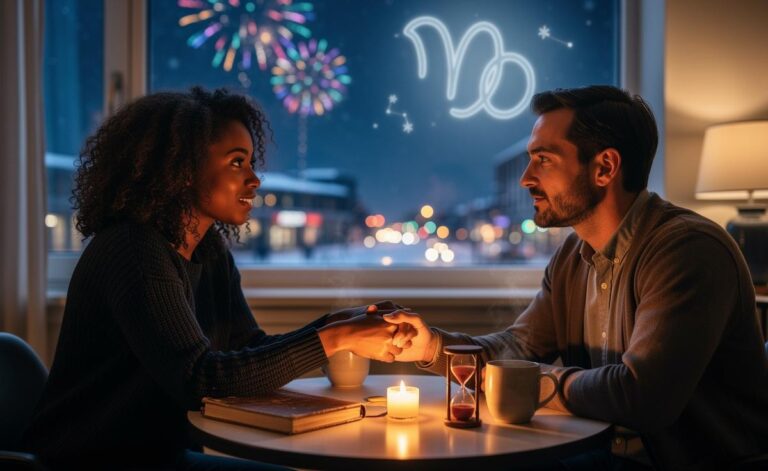 Illustration of a couple engaged in a candid conversation on January 1, 2026, framed by zodiac symbols highlighting Capricorn season