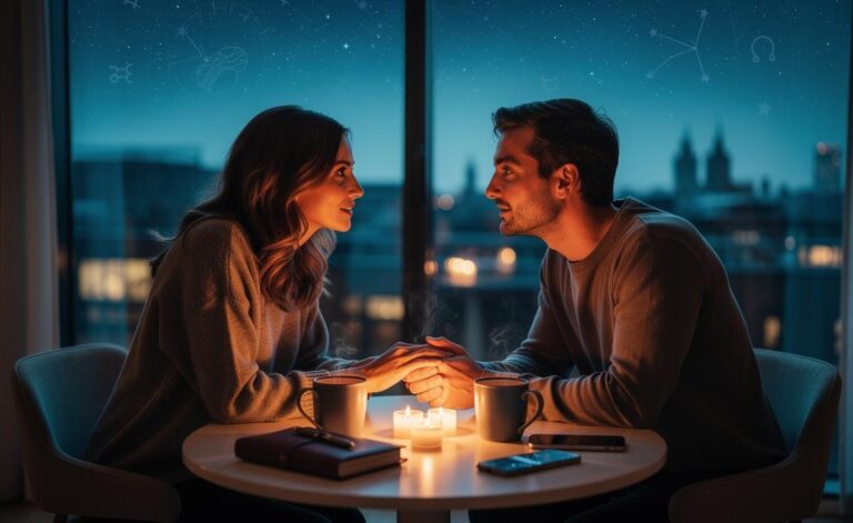 Illustration of a love horoscope for 3 January 2026 highlighting clear communication, with a couple speaking and zodiac symbols