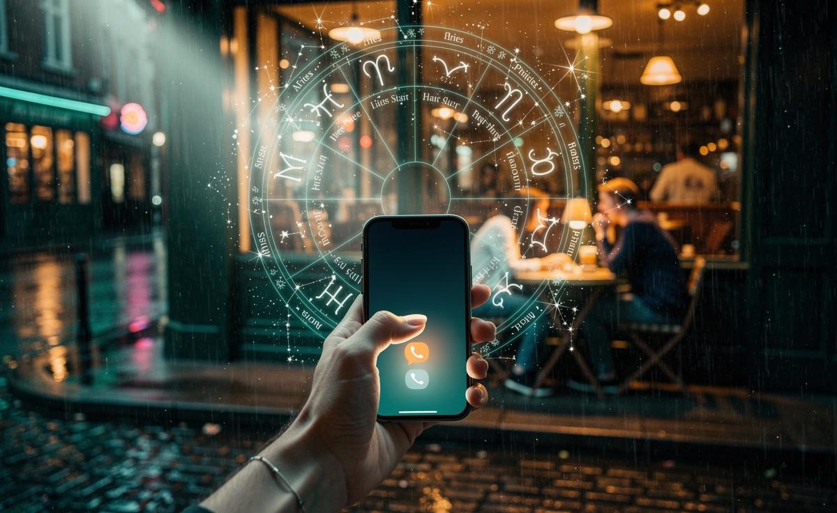 Illustration of a love horoscope for 3 January 2026 showing zodiac symbols and a person sending a confident first message