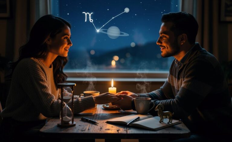 Illustration of a couple rekindling passionate flames on January 8, 2026, under Capricorn season, with candlelight and zodiac constellations.