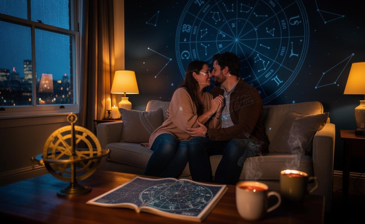 Illustration of a love horoscope for 9 January 2026 focusing on finding strength in vulnerability, with zodiac motifs and a couple sharing an honest conversation