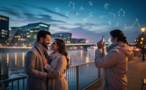 Illustration of a couple and a single person exchanging heartfelt messages on 9 January 2026 beneath zodiac constellations, symbolising a love horoscope day of candid, kind communication