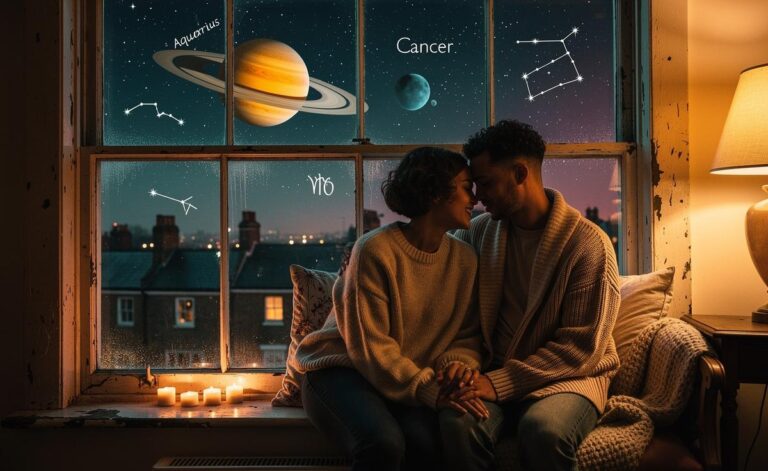 Illustration of the January 1, 2026 astrological shift in love and relationships, featuring Pluto in Aquarius, Jupiter in Cancer, Saturn in Pisces, and the Nodes in Pisces–Virgo