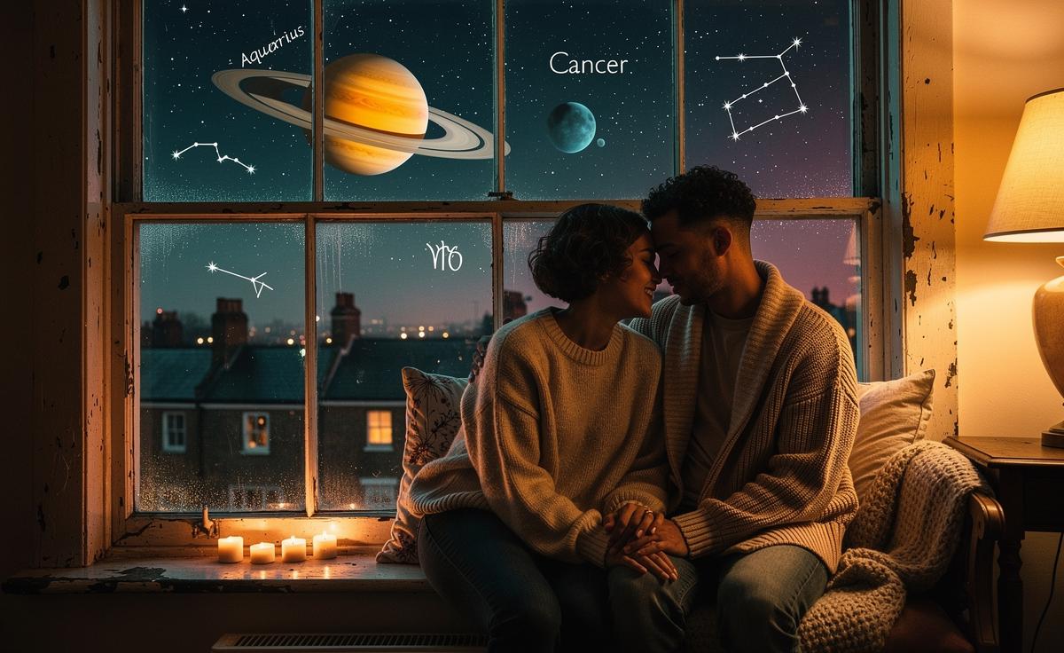 Illustration of the January 1, 2026 astrological shift in love and relationships, featuring Pluto in Aquarius, Jupiter in Cancer, Saturn in Pisces, and the Nodes in Pisces–Virgo