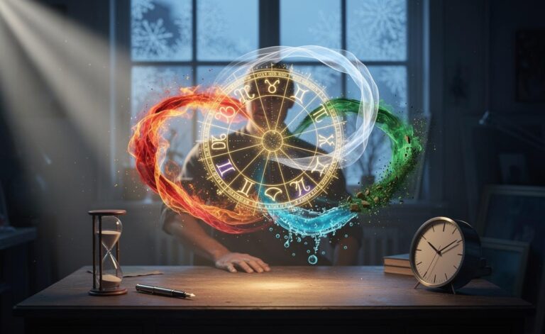 Illustration of the twelve zodiac signs encircling a calendar marked 9 January 2026, symbolising sudden inspiration and practical next steps