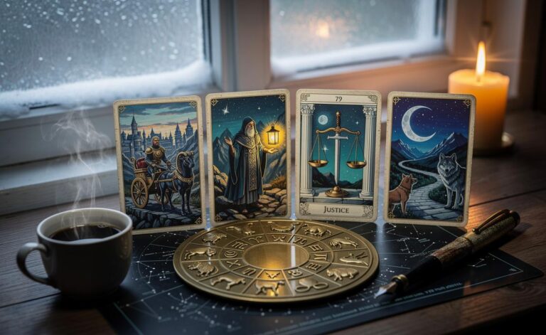 Illustration of tarot cards and zodiac symbols arranged around a calendar marked 9 January 2026