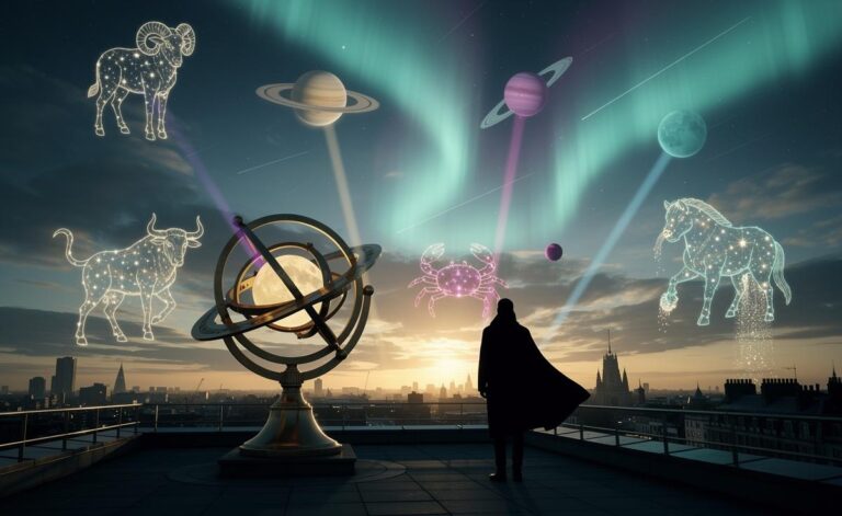 Illustration of the New Year 2026 astrological energy changing the zodiac, with Saturn in Aries, Jupiter in Cancer, Pluto in Aquarius, and Uranus in Taurus.