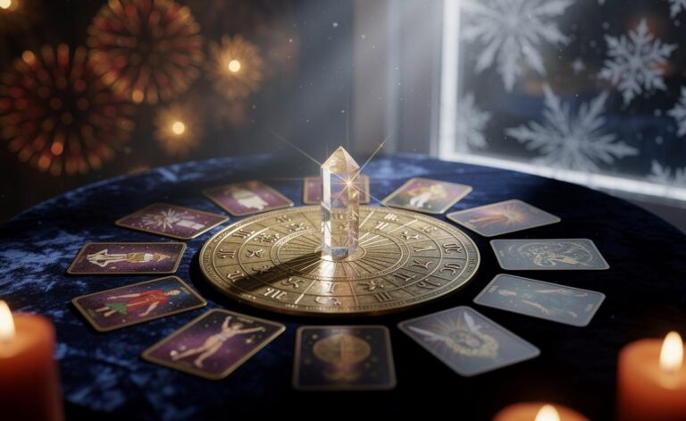 Illustration of the tarot card guiding each zodiac sign on January 1, 2026