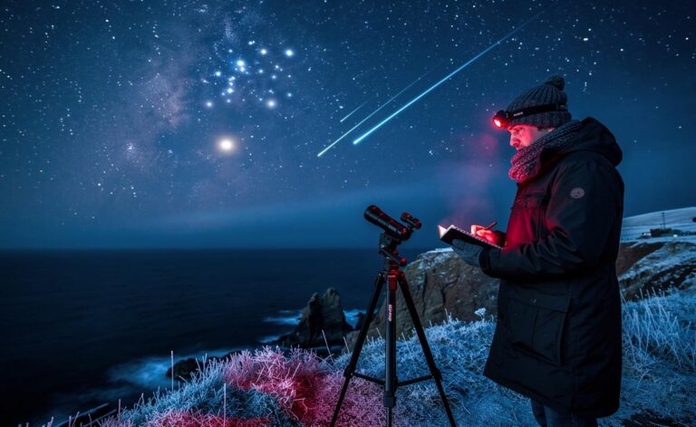 Illustration of the UK night sky on 1 January 2026 with Orion, the Pleiades, and Quadrantid meteors
