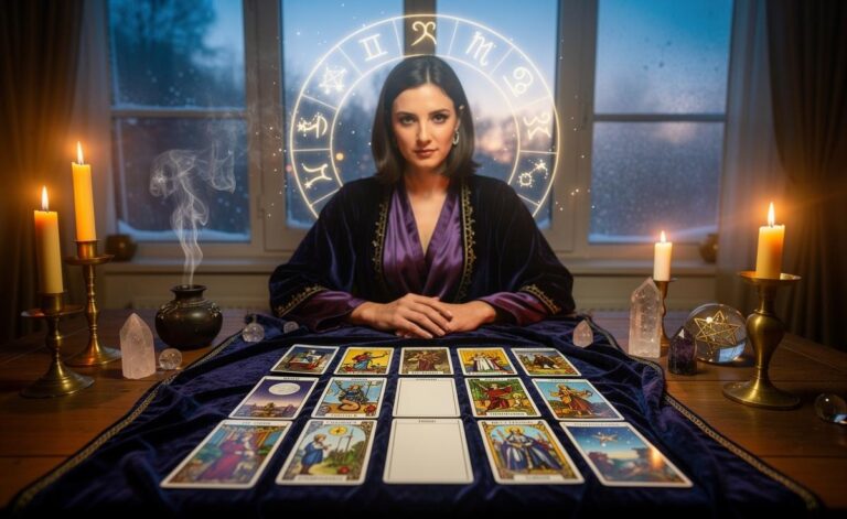 Illustration of a tarot reader interpreting cards for all twelve zodiac signs on January 1, 2026.
