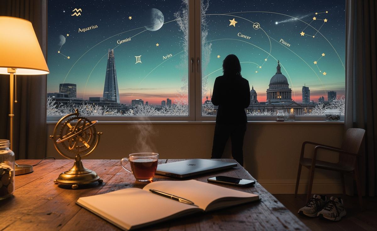 Illustration of astrological transits on 1 January 2026, showing Pluto in Aquarius, Uranus in Gemini, Saturn in Aries, Jupiter in Cancer, and Neptune transitioning from Pisces to Aries