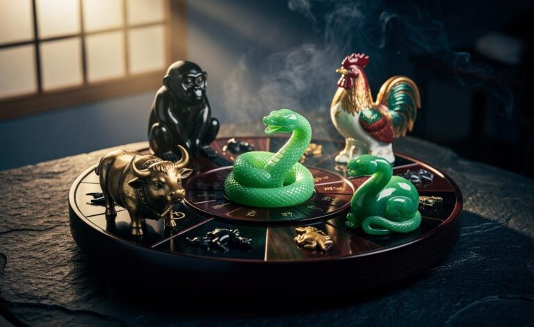 Illustration of the Chinese zodiac signs empowered on 7 January 2026 (Ox, Rooster, Snake, Monkey) in the Wood Snake year and Ox month