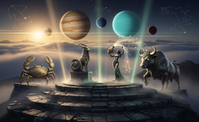 Illustration of the zodiac signs Cancer, Capricorn, Aquarius, and Taurus highlighted for success on 7 January 2026, under Sun in Capricorn, Jupiter in Cancer, Pluto in Aquarius, and Uranus in Taurus
