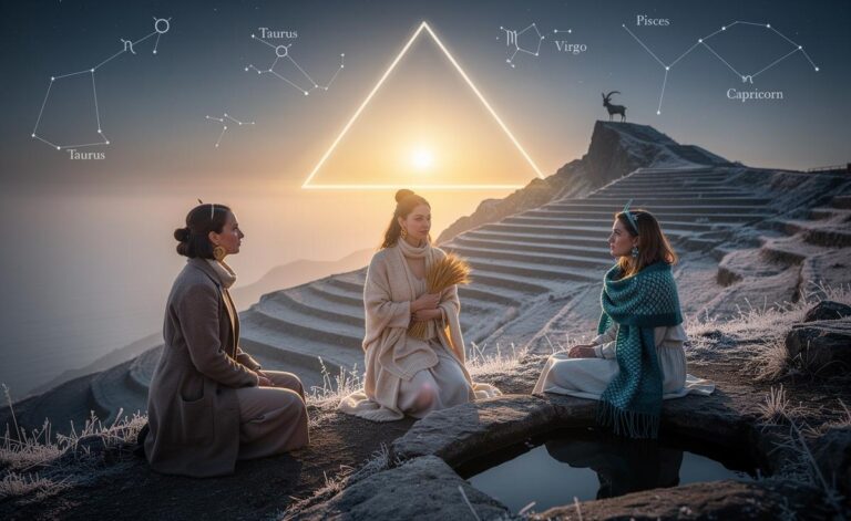 Illustration of Taurus, Virgo, and Pisces finding peace on 6 January 2026 under the Capricorn Sun's steady, practical energy