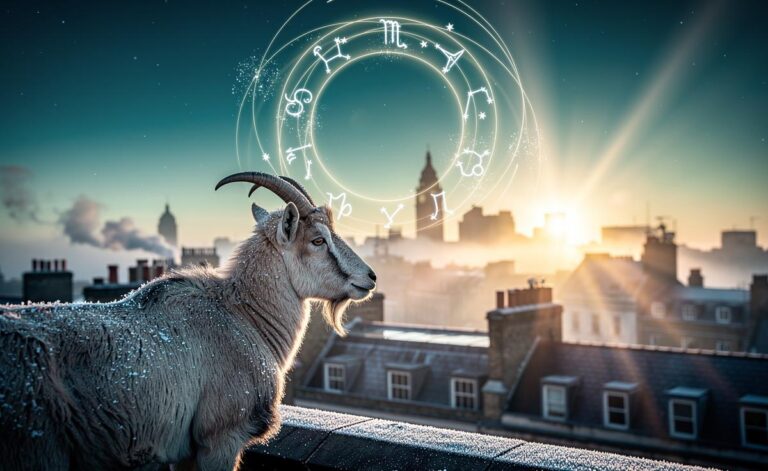 Illustration of the twelve zodiac signs encircling a calendar page marked 1 January 2026, highlighting Capricorn season