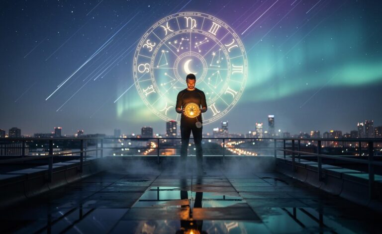 Illustration of a zodiac wheel under a starry sky with a compass motif, representing a horoscope message for 3 January 2026 focused on trusting instincts